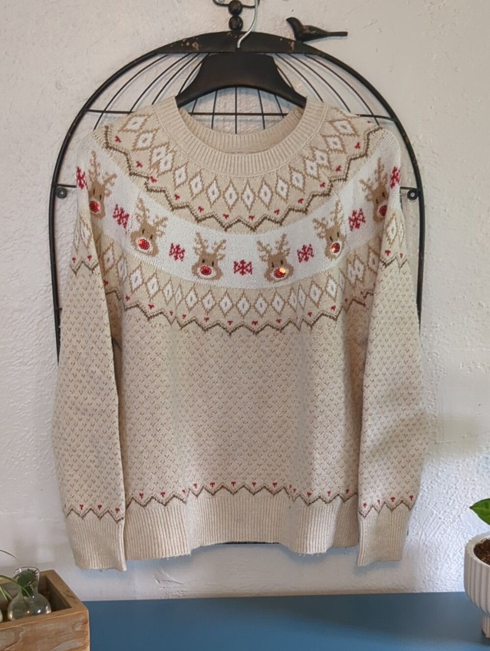 NWT Holiday Time Cream Reindeer Fair Isle Knit Sweater. Size L (12-14)